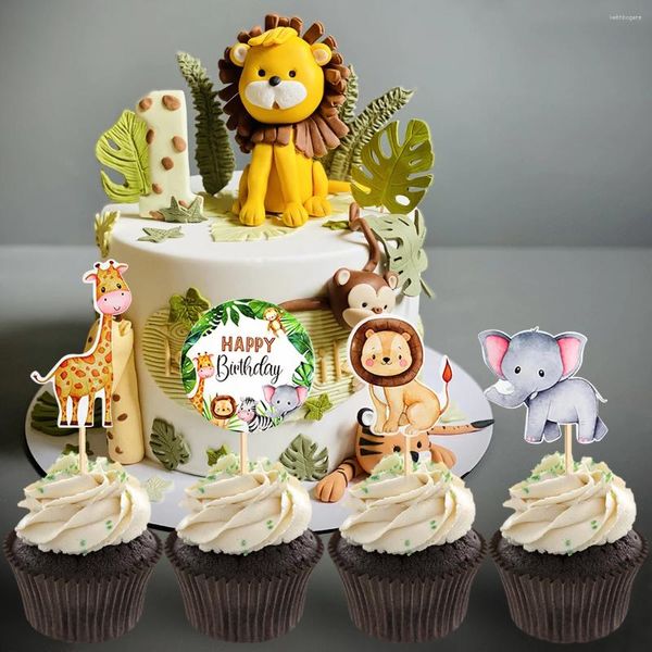 Decoración de fiesta animales de la selva Cupcake Toppers tema decoración de cumpleaños niños 1st Wild One Safari suministros Baby Shower