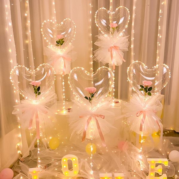 Décoration de fête LED Bobo Ballon Clignotant Lumière En Forme De Coeur Rose Fleur Boule Transparent Mariage Saint Valentin Cadeau DH938