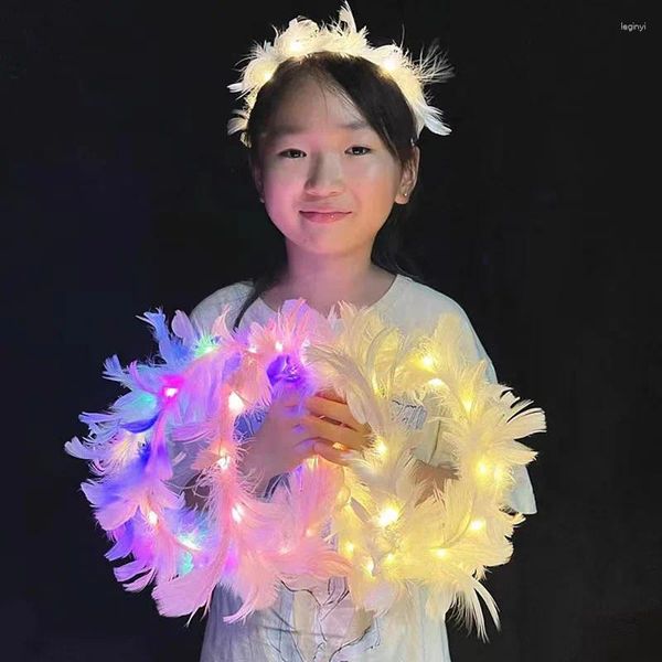 Decoración de fiesta LED Corona de plumas Corona Diadema Light-Up Angel Halo Tocado luminoso para mujeres Niñas Boda Navidad Resplandor