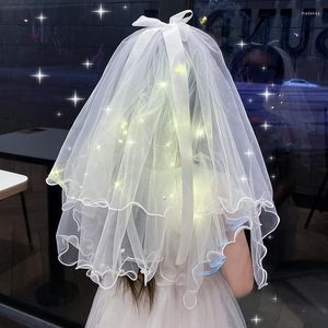 Feestdecoratie Led-verlichting Bruidsmeisjes Prinses Lichtgevende Kroonsluier Fairy Strik Lint Dubbellaags Bruid Creatieve hoofdband