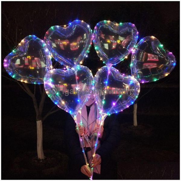 Décoration de fête LED Love Heart Star Forme Ballon Lumineux Bobo Ballons avec des lumières de chaîne 70cm Pole Night Light pour la décoration de mariage Dhlj0