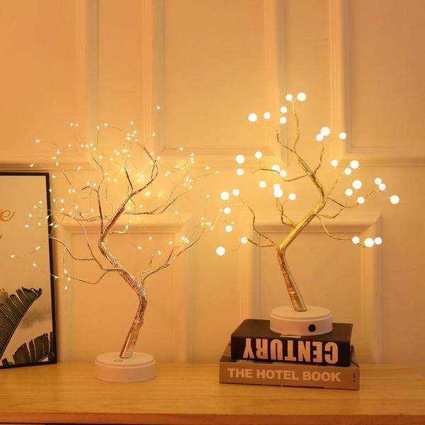 Decoración de fiesta Luz de noche LED Mini árbol de Navidad Lámpara de mesa de alambre de cobre Decoración de dormitorio Guirnalda Luces de hadas Luminaria Iluminación navideña