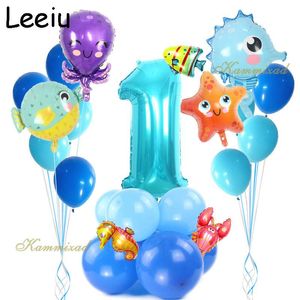 Décoration de fête Leeiu sous la mer océan monde animaux ballons bleu numéro ballon thème enfants joyeux anniversaire bébé douche