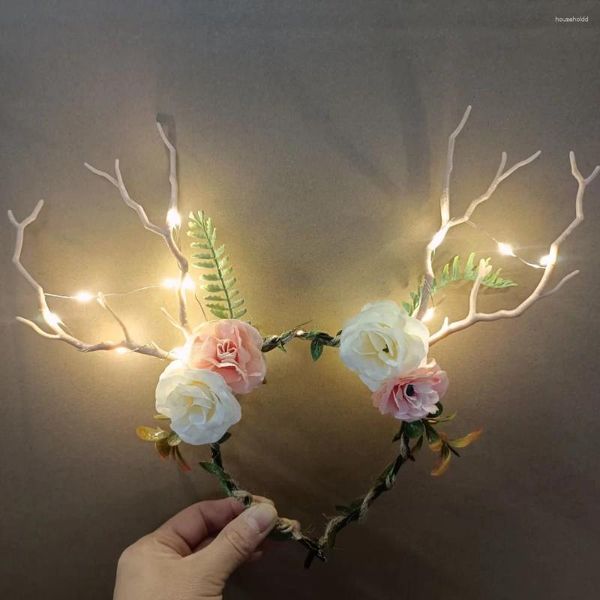 Decoración de fiesta Light Up Glow Ciervo Asta Flor Corona Diadema Ramas de árbol Tocado de mariposa para disfraz Cumpleaños Navidad Navidad