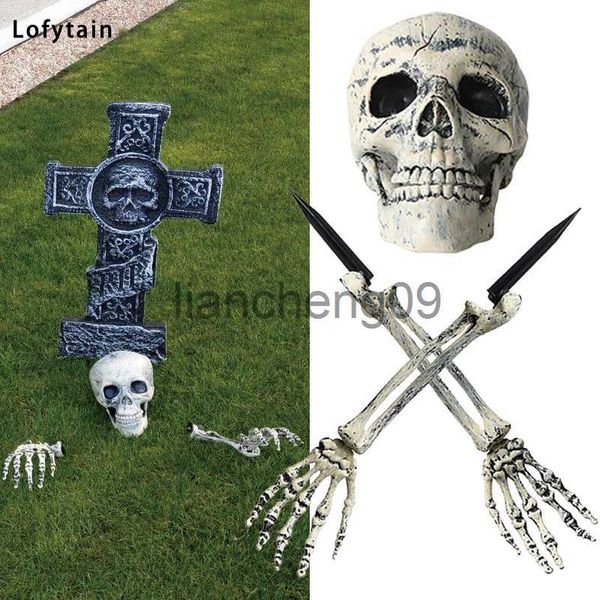 Décoration de fête Lofytain Décoration d'Halloween Piquets de squelette réalistes avec tête en os de squelette et bras pour décoration de jardin d'Halloween x0905 x0905