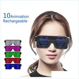 Décoration de fête Lumineux Led Lunettes Usb Charge Light Up Lunettes 4 Couleurs 10 Modèles Lueur Lunettes De Soleil Hallow Nerdsropebags500Mg Dhyni