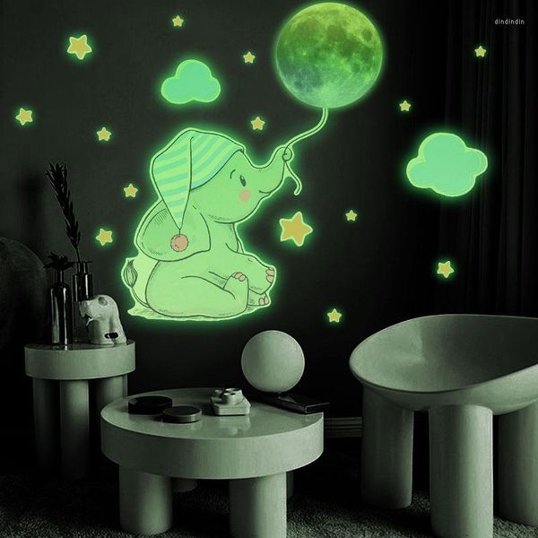 Décoration de fête lune lumineuse dessin animé éléphant ours autocollant mural enfants chambre de bébé chambre maison lueur dans le noir bricolage décalcomanies décoratives