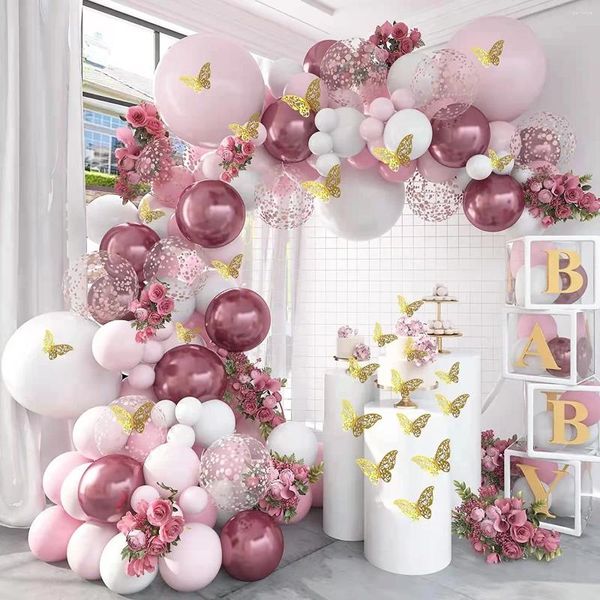 Decoración de fiestas Macaron con globo rosa corona arqueada de metal retro pegatina mariposa baby shower boda