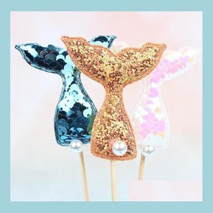 Decoración de fiesta Tema marino Pastel Lentejuelas brillantes Cola de sirena Cupcake Toppers Cookie Jelly Sugar Baking Crafts Diy Decor Drop Deliver Dhqv2