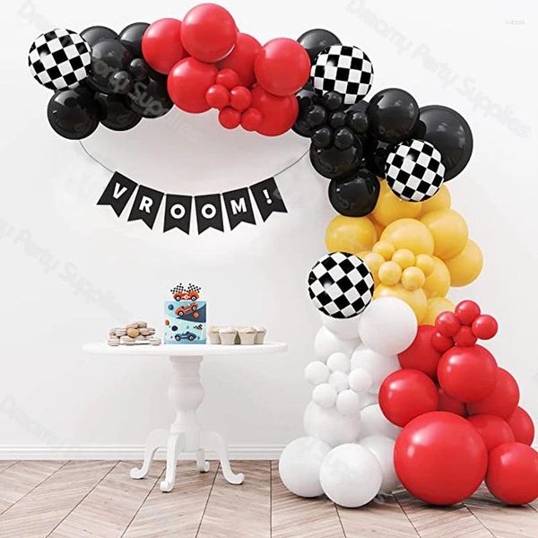 Decoración de fiestas Matte Red Black Racing Mostaza Mosto de automóviles Garland Arch Kit Boy Primer cumpleaños Dos suministros rápidos Vroom!Bandera