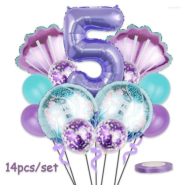 Décoration de fête Ballons d'anniversaire de sirène Ensemble 32 pouces Violet Nombre Shell Feuille Ballon Filles Happy Little 1er 2ème 3ème 4ème Ballon