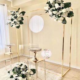 Feestdecoratie metaal bruiloft boog frame mariage rij loper vierkante achtergrond stand achtergrond Gold Pating Outdoor Artificial Flower Door