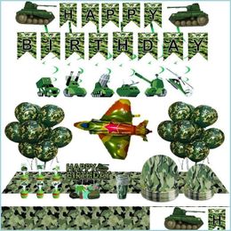 Décoration de fête Thème militaire Fournitures Nappe de camouflage Vaisselle Armée Assiette verte pour anniversaire de guerre Nerdsropebags500Mg Dh7UF