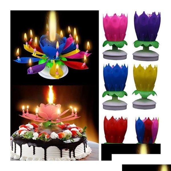 Party Decoration Musical Birthdle Bandle Magic Lotus Flowers Bougies Blossom Rotation Spin 14 Small Cake Topper Enfants Chopsticks H DH0FA