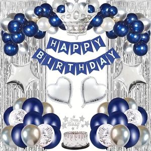Party Decoration Navy Blue Silver Happy Birthday Decor Kit Banner Banner Ballon Crown Fingam Curtain Caketop Set Scene Layout Products