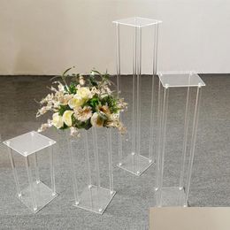 Décoration de fête Nouvel ensemble de 4 tailles Vase de sol de mariage Clear Acrylique Grand Vases Décoration Fleur Stand Toile de fond Cadre Colonne Drop de Dhgkh