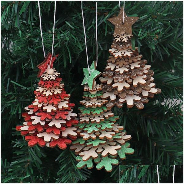 Décoration de fête Nouveau pendentif de Noël en bois créatif étoile à cinq branches flocon de neige cloche arbre suspendu petits ornements décor coloré goutte Dhvkg