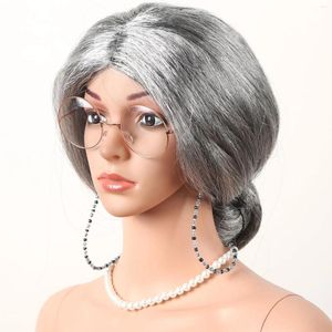 Decoración de fiestas Vieja Silver Gray Hair Sezass Chain Cabklace Dress Up Show Wig Cosplay Disfraz Gran Santa Claus Abuela