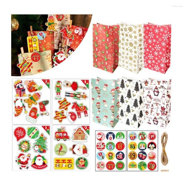 Bolsa de galletas para decoración de fiestas, suministros para envolver regalos, etiquetas adhesivas navideñas, bolsas de papel Kraft, etiquetas navideñas