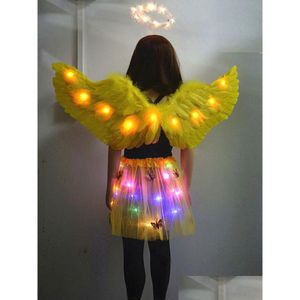 Décoration de fête Décoration de fête Adt Enfants Lumineux Costume d'Ange LED Lumière Plume Aile Halo Bague Couronne Papillon Jupe Glow Anniversaire Dh4Hi