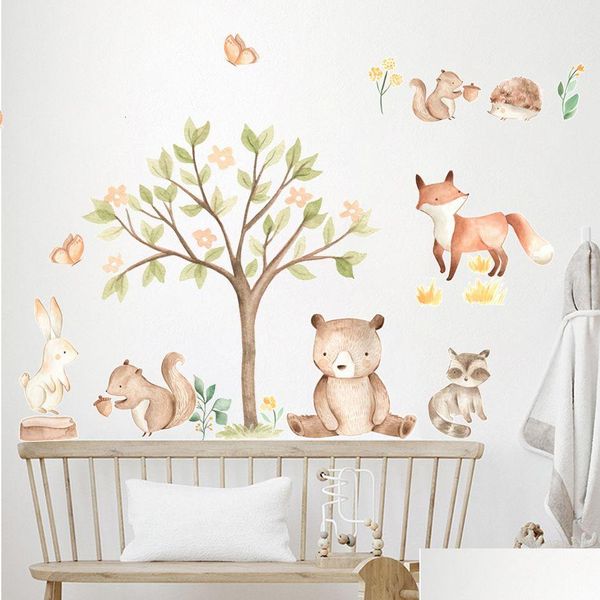 Décoration de fête Décoration de fête Dessin animé Illustration d'animal mignon Aquarelle Autocollant de pépinière Stickers muraux amovibles Art Print Kids Boy Dhbs9