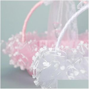 Décoration de fête Décoration de fête Panier de fille de fleur pliable pour mariage Petits paniers enveloppés de satin avec dentelle et stylo coeur clair DH0Ji