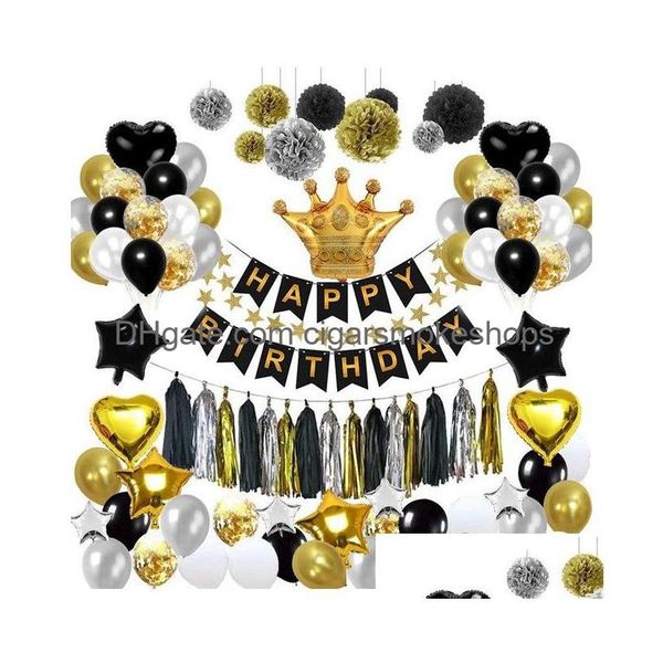 Décoration de fête Partypalooza Kit d'anniversaire - Drapeau de ballon Ensemble de fleurs avec pompons avec ballons étoiles Thème noir / or Ems Drop Delivery Accueil G Dhvyf