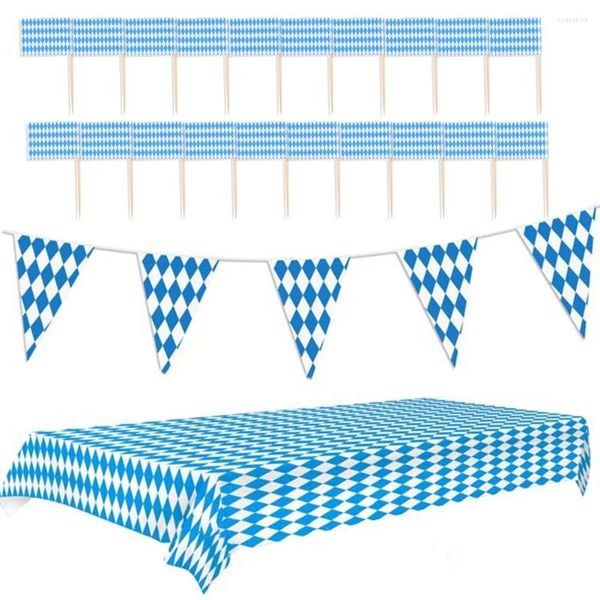 Decoración de fiesta banderín Banner accesorios DIY favores bandera bávara hogar Oktoberfest mantel azul y blanco conjunto de Festival de cerveza