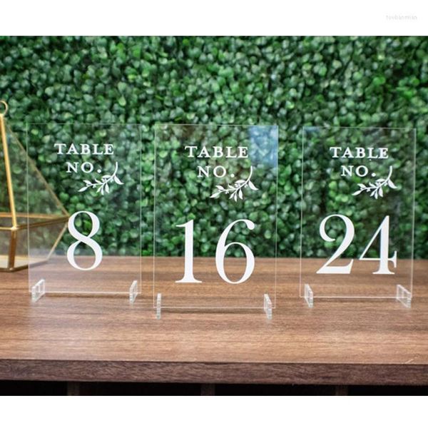 Decoración de fiesta Números de mesa de boda de acrílico transparente personalizado con soportes Caligrafía Señalización Soporte de números de madera rústica