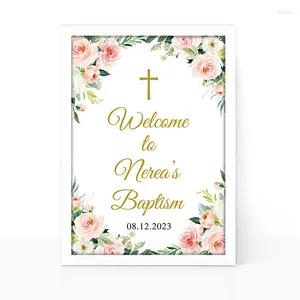 Decoración de fiesta Bautismo floral personalizado Signo de bienvenida Blush Pink / Gold Poster Marco de madera blanca Decoración de ducha de cumpleaños