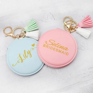 Feestdecoratie gepersonaliseerde make -up compact spiegel lederen pocket cosmetische draagbare make -up met tassel bruidsmeisje cadeauparty