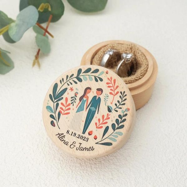 Decoración de fiesta Caja de anillo de boda personalizada con nombre grabado y fecha Soporte de madera rústico Diseño de hojas de montaña