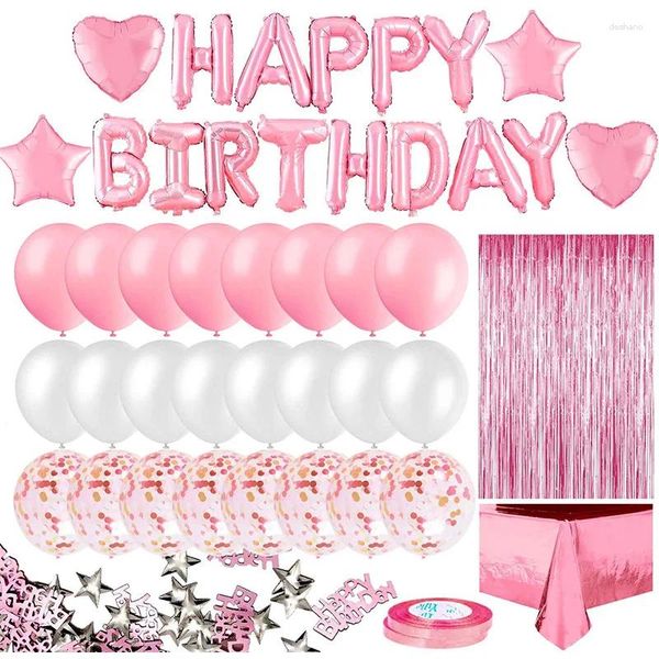 Décoration de fête d'anniversaire rose pour filles, bannière joyeuse, ballons, rideau à franges, nappe en aluminium, confettis en forme de cœur et d'étoile