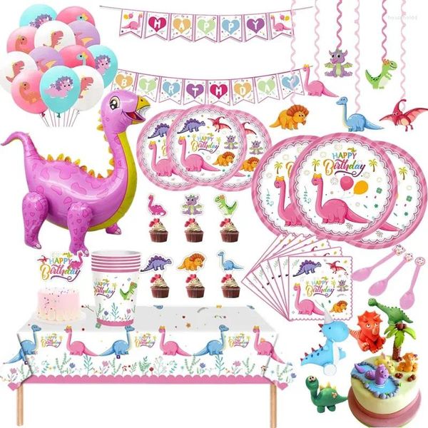 Décorations de fête de dinosaures roses, ensemble de vaisselle de dîner d'anniversaire, joyeux pour enfants garçons Jungle sauvage Dec