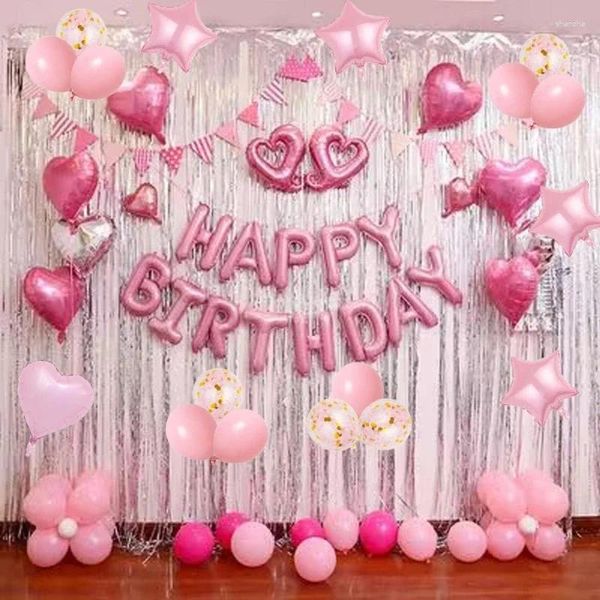 Décoration de fête des filles roses décorations de ballon d'anniversaire foil joyeux bannière coeur étoile des ballons