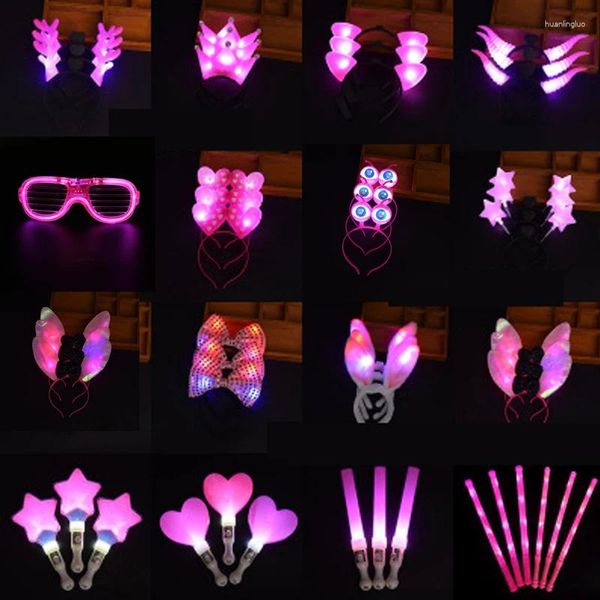 Decoración de fiesta Rosa LED Stick Star Crown Cuerno Oreja Diadema Hairwear Glow Wand Gafas Luz Tocado Regalos Juguete Navidad