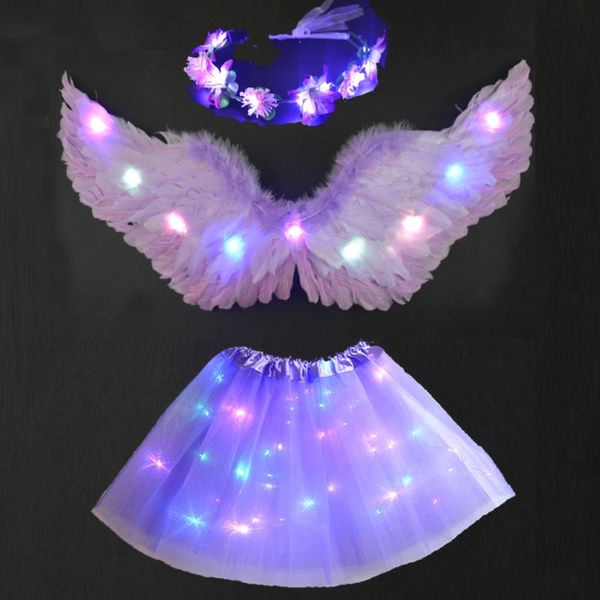 Décoration de fête Princesse LED Glow Light Up Jupe Tutu Bandeau Plume Aile Couronne Anniversaire Mariage Déguisement Ange Costume Cosplay Ensemble