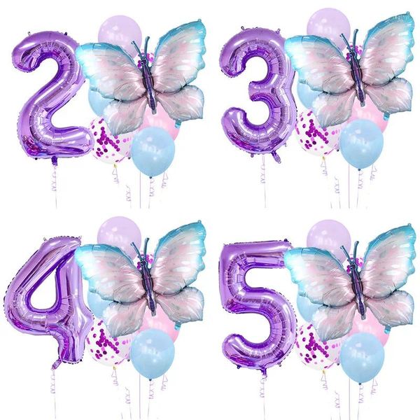Decoración de fiesta Globos de mariposa púrpura con número gigante de 32 pulgadas Globos de feliz cumpleaños Decoraciones para niñas