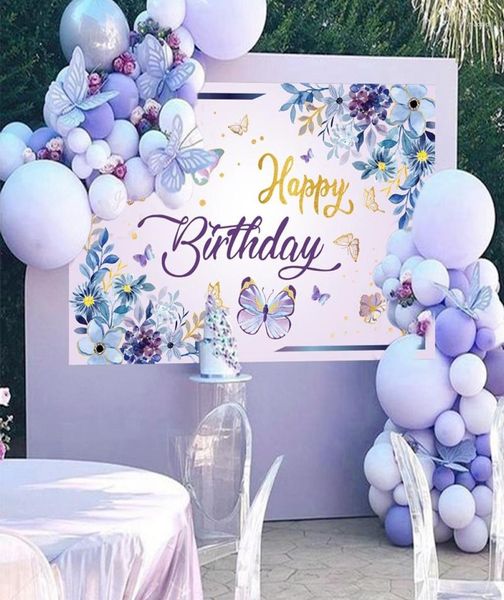 Décoration de fête papillon violet, arrière-plan d'anniversaire pour filles, accessoires de décoration pour fête prénatale pour enfants, fond de photographie 3198196