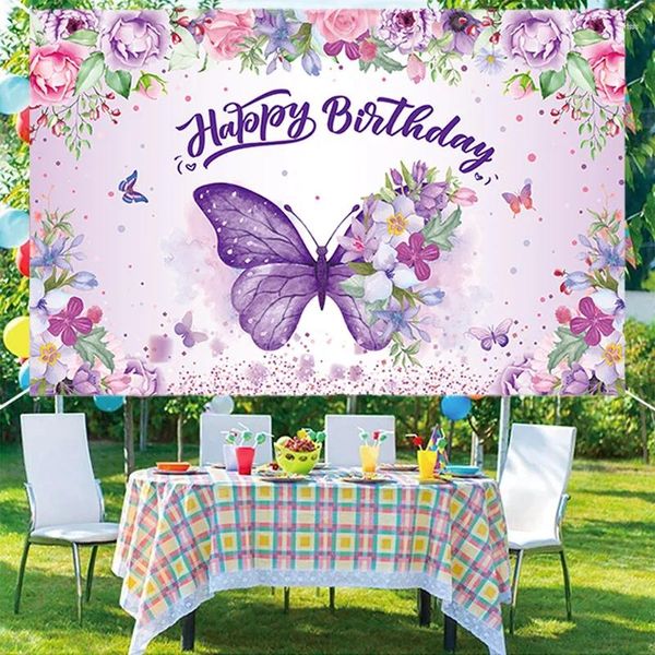 Party Decoration Purple Butterfly Anniversaire Bands décorations PO Booth Fond Clace Baby Shower Girl Hanging Flag Backdrop accessoires