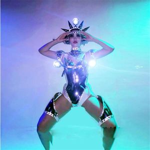 Décoration de fête R Catwalk Shows Night Club Ba Femmes Robot Costume Sexy Lady Robe De Soirée Costume En Métal Argenté Équipe De Danse Espace LED