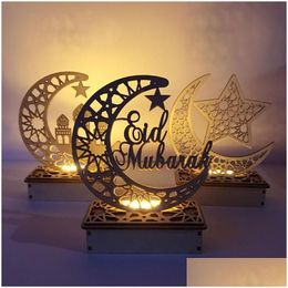 Décoration de fête Ramadan Eid Mubarak Décorations pour la maison Lune LED Bougies Lumière Plaque en bois Décors suspendus Islam Musulman Événement Fête Dhyxs