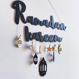 Party Decoration Ramadan Kareem Decor Moon Star Hangende houten vaartuig Eid Mubarak voor thuisdeur houten plaquette bord 230510