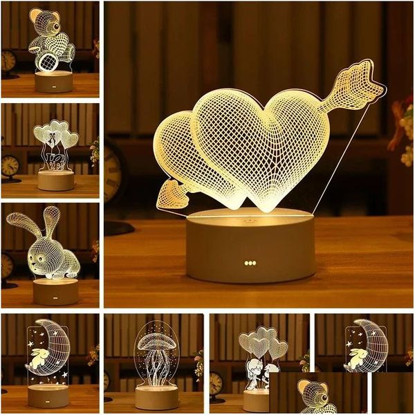 Decoración de fiesta Amor romántico Lámpara 3D Globo en forma de corazón Acrílico LED Luz de noche Mesa decorativa Día de San Valentín Novia Esposas Dhpc5