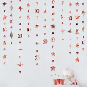 Decoración de fiesta Oro rosa Décimo Feliz cumpleaños Decoraciones Número 10 Círculo Punto Twinkle Star Guirnaldas Papel Colgante Streamer para aniversario