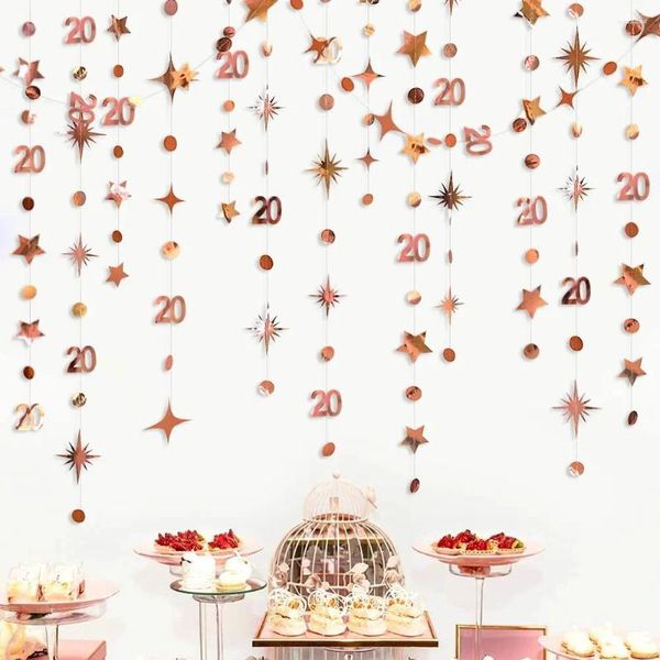 Decoración de fiesta Oro rosa 20 cumpleaños Niñas Feliz 20 años Círculo Dot Twinkle Star Garland Papel Colgante Streamer