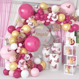 Party Decoratie Rose Red Gold Metallic Confetti Hot Pink Balloon Garland Arch Kit Butterfly Bruids Douche Verjaardag MJ0769