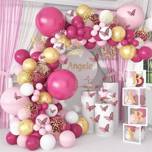 Decoración de fiesta Rosa Rojo Oro Metálico Confeti Globo Rosa Caliente Guirnalda Arco Kit Mariposa Ducha nupcial Cumpleaños MJ0769