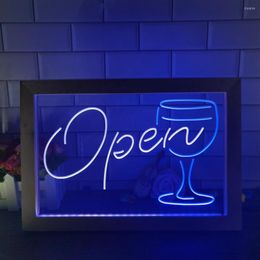 Décoration de fête Script ouvert en verre Cocktails Bar Dor double couleur LED enseigne au néon cadre Po lampe de table créative chambre bureau bois veilleuse 3D