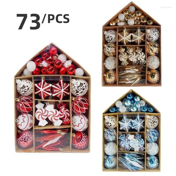 Decoración de fiesta Venta de 73 piezas Caja de casa Bola de Navidad Ahuecada Exquisita pintura Conjunto de forma especial Colgante de árbol de caramelo